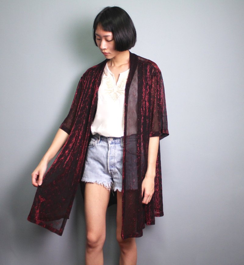 FOAK古着 酒红波浪银葱透肤长外套 - 女装休闲/机能外套 - 聚酯纤维 红色