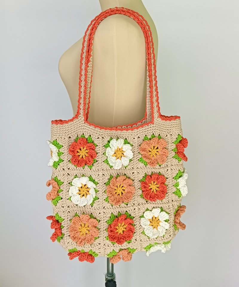 Granny Square 花朵编织包 - 手提包/手提袋 - 棉．麻 