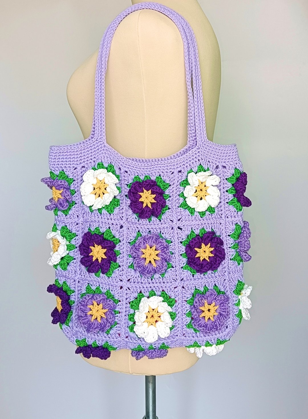 水洗绳编织包 Granny Square 花朵造型 - 手提包/手提袋 - 棉 