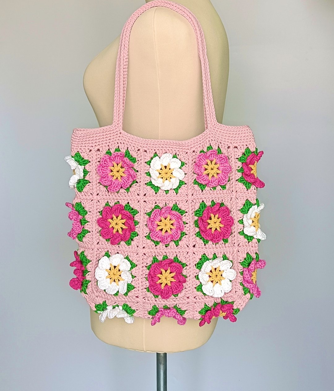 水洗绳编织包 Granny Square 花朵造型 - 手提包/手提袋 - 棉 
