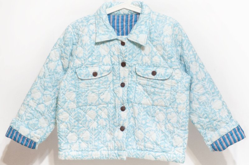 木刻印纯棉外套 印度棉有机棉 手工盖印拼接铺棉牛仔风外套-蓝花 - 女装休闲/机能外套 - 棉．麻 多色