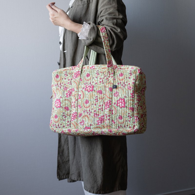 印度木印印花布 × 绗缝波士顿包　绿色 - 手提包/手提袋 - 棉．麻 绿色