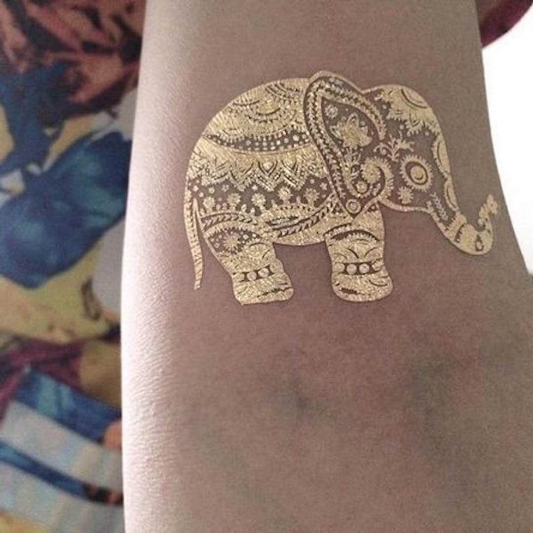 OhMyTat 烫金大象 Metallic Gold Elephant 刺青纹身贴纸 (2张) - 纹身贴 - 纸 金色