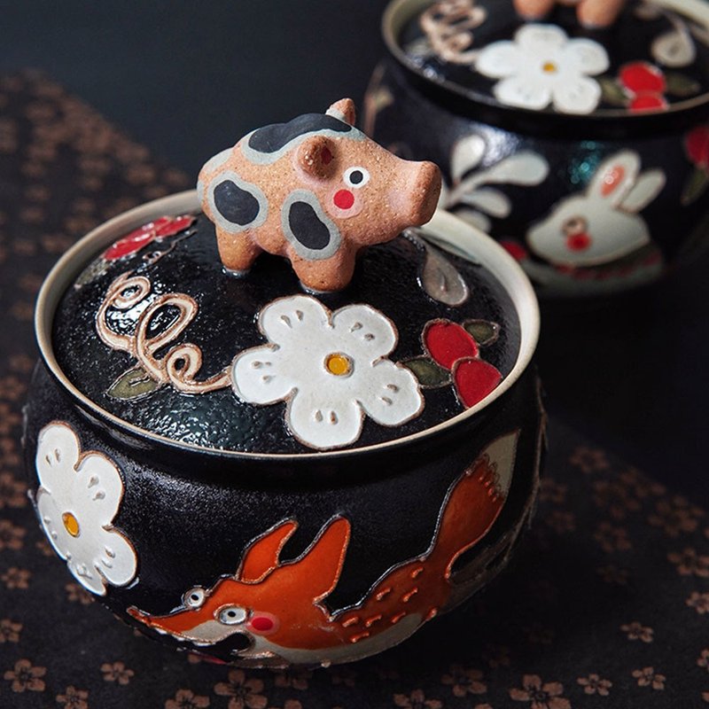 花豬狐兔手繪茶葉罐 / 日式陶瓷手作定制 / 黑色小眾原創禮物 - 茶具/茶杯 - 瓷 黑色