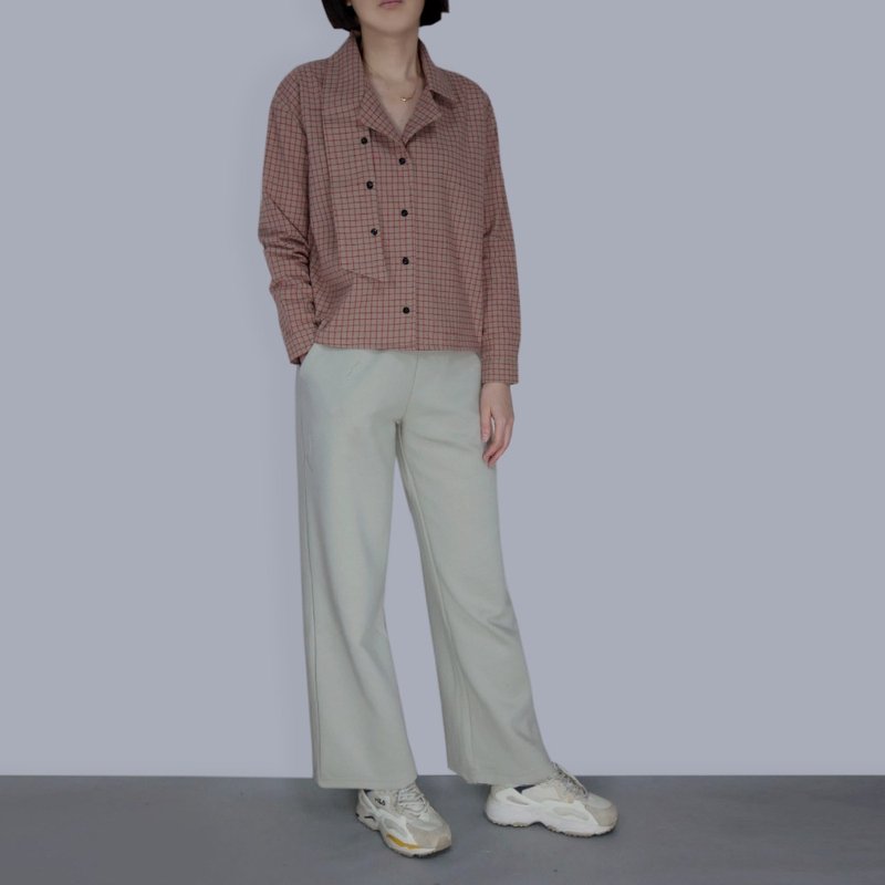 磨毛棉格纹翻领宽版上衣 - 女装上衣 - 棉．麻 咖啡色