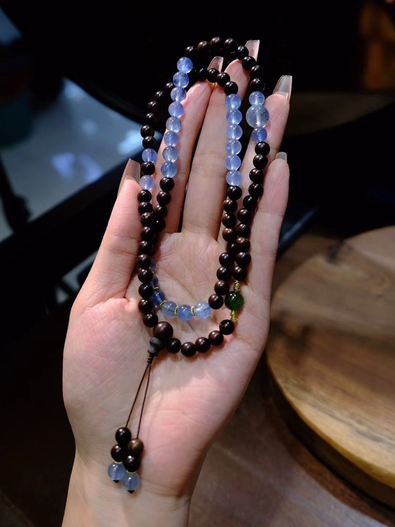 天然海蓝宝手链手持搭配小叶紫檀三圈手链手持文玩手链新中式手链 - 手链/手环 - 玉石 