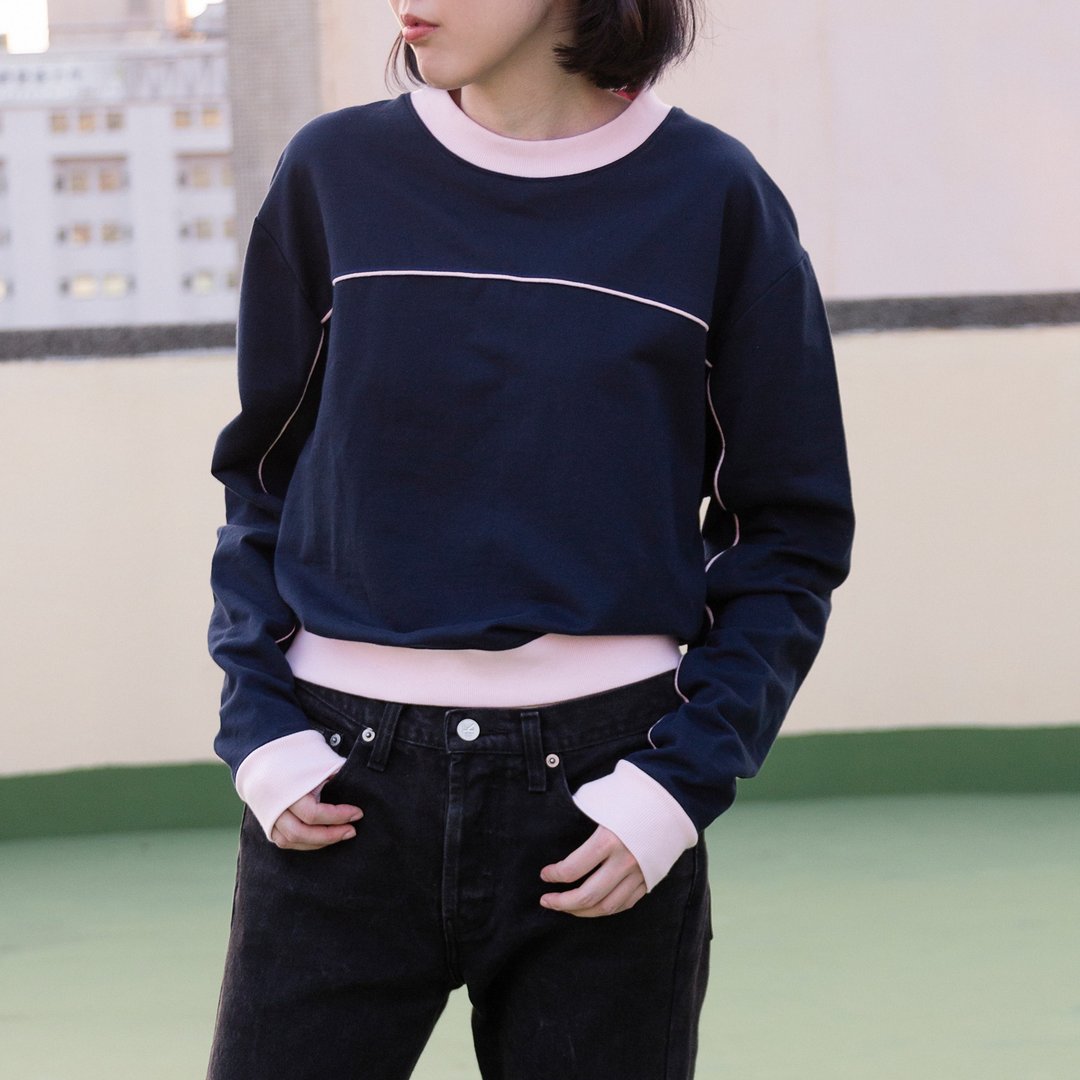 T系列-深蓝/粉色滚条拼接撞色大学T卫衣Alice Sweatshirt - 中性连帽卫衣/T 恤 - 棉 