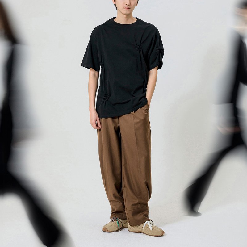 双扣宽卡夫打褶长裤 - 男士长裤 - 聚酯纤维 咖啡色