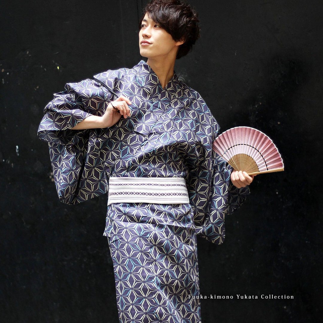 日本 和服 男 浴衣 腰封 2件 套组 绵麻 M/L/LL Z16-104b yukata - 其他 - 棉 紫色