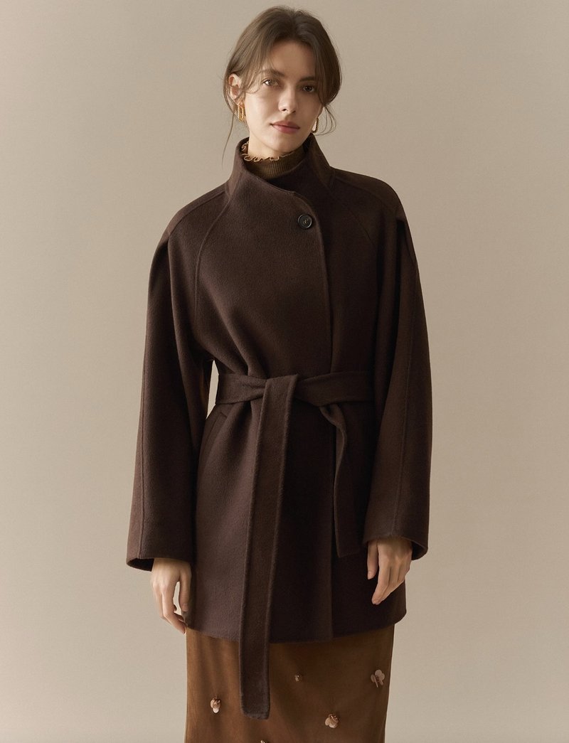 法式复古 / 双面呢立领大衣外套 / 绵羊毛 - 女装休闲/机能外套 - 其他材质 咖啡色