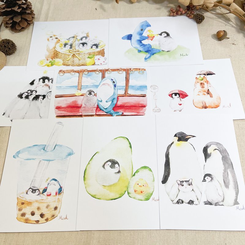小企鹅 疗愈水彩插画明信片 - 卡片/明信片 - 纸 多色