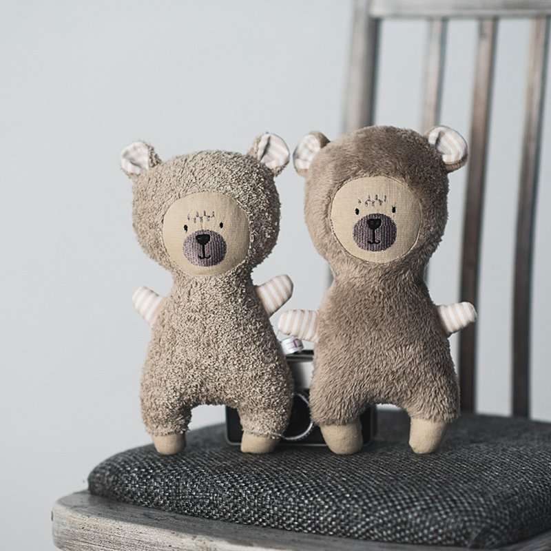 Teddy bear rag doll - plush bear gift toy for baby - newborn rattle toy - 玩具/玩偶 - 棉．麻 咖啡色