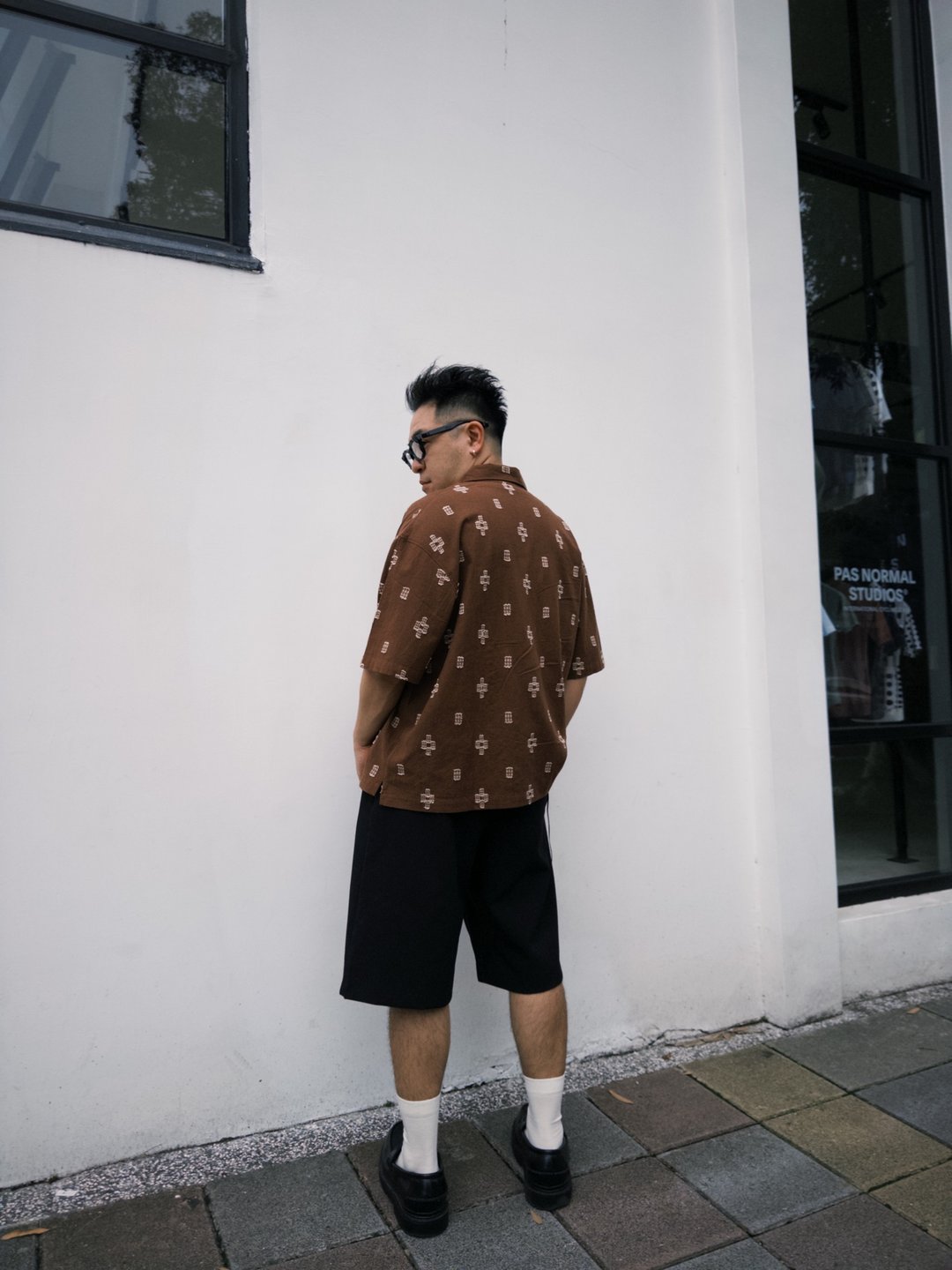 Stone As - Jacquard  Shirt / 宽短剪裁衬衫 - 男装衬衫 - 棉 咖啡色