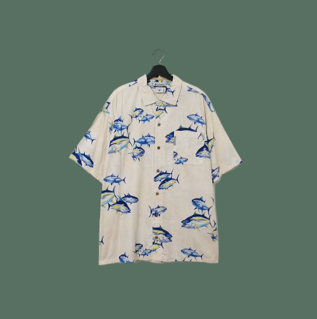 Back to Green- 鱼图腾短袖衬衫 columbia蓝色鱼群 vintage shirt - 男装衬衫 - 棉 