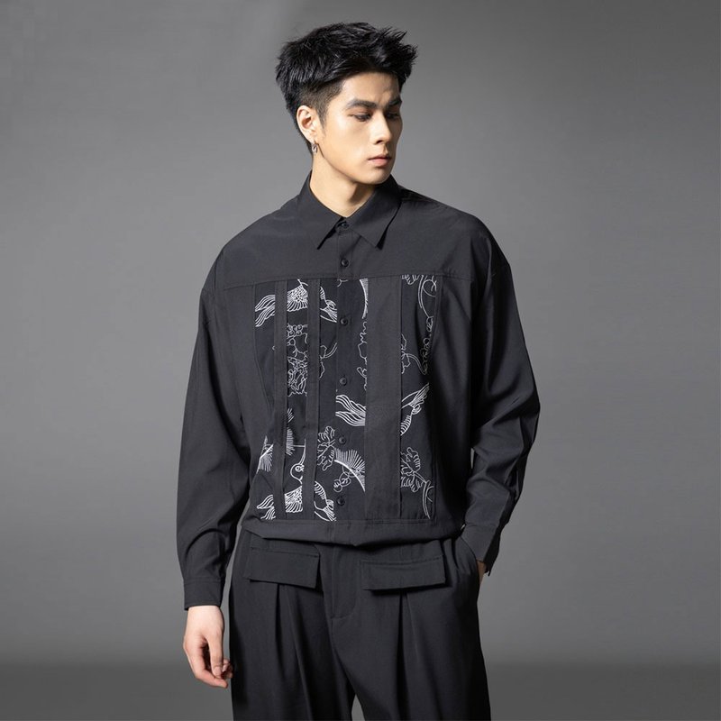 男士拼接休闲衬衣  秋季刺绣长袖衬衫 - 男装衬衫 - 棉．麻 黑色
