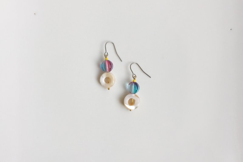 彩虹甜甜圈 贝壳玻璃耳环 - 耳环/耳夹 - 玻璃 紫色