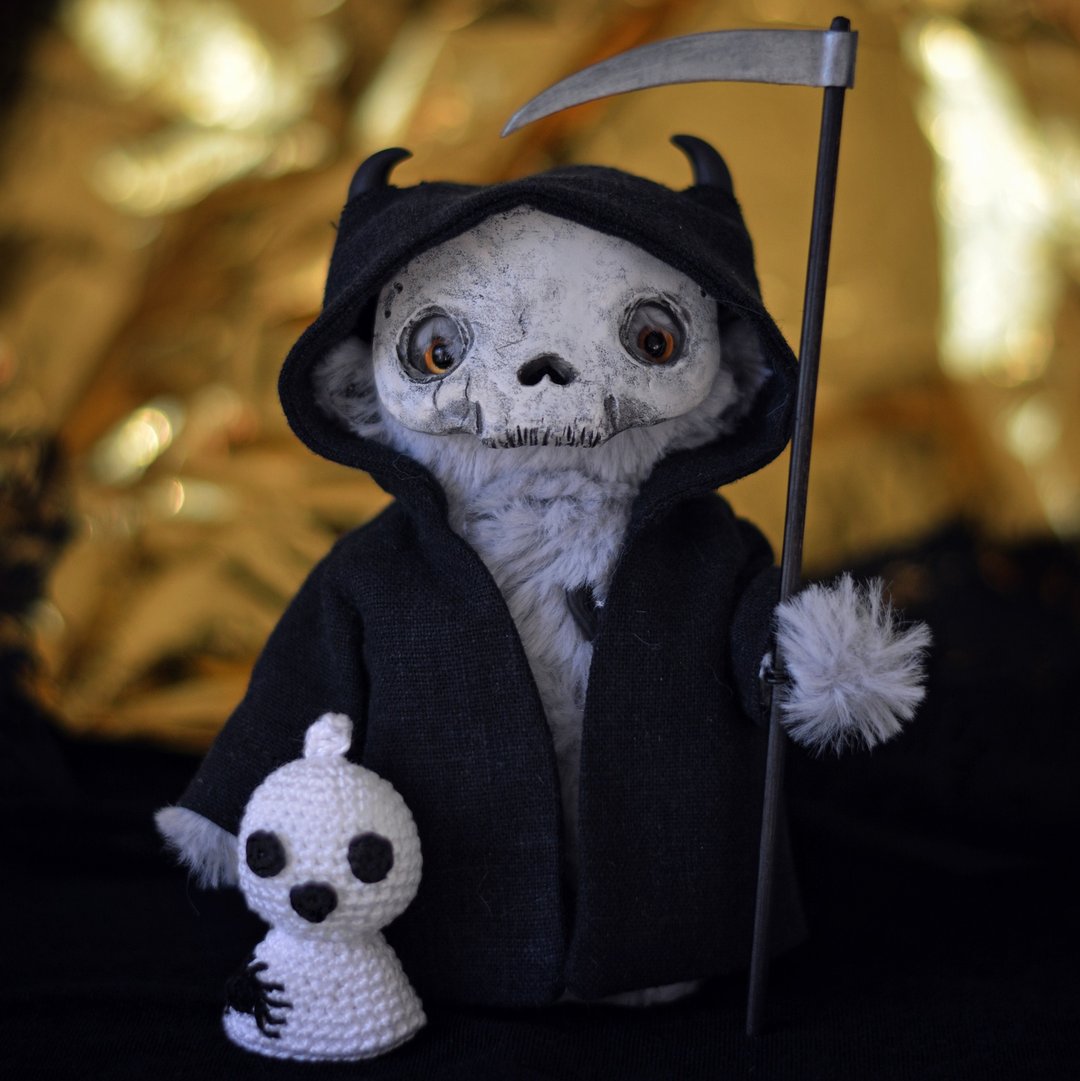 Spirit Death and his little ghost | Halloween toy soft creepy cute plush - 玩偶/公仔 - 其他材质 黑色