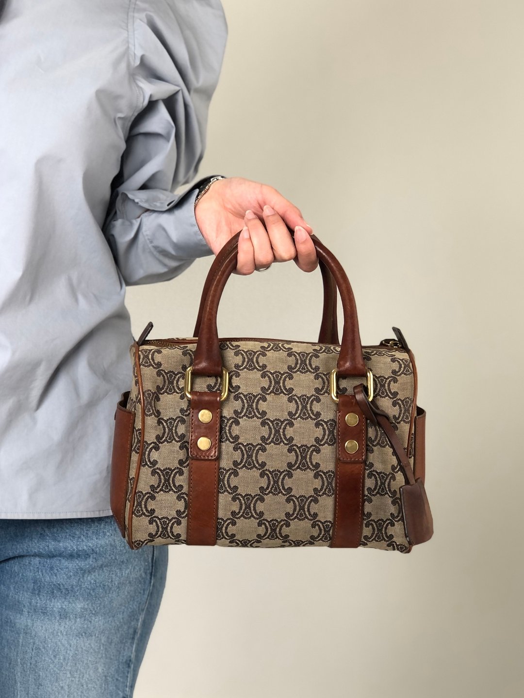 【VintageShop solo 日本直送 中古包】CELINE 赛琳 凯旋门 手提包 米色 帆布 迷你波士顿包 vintage - 手提包/手提袋 - 棉．麻 咖啡色