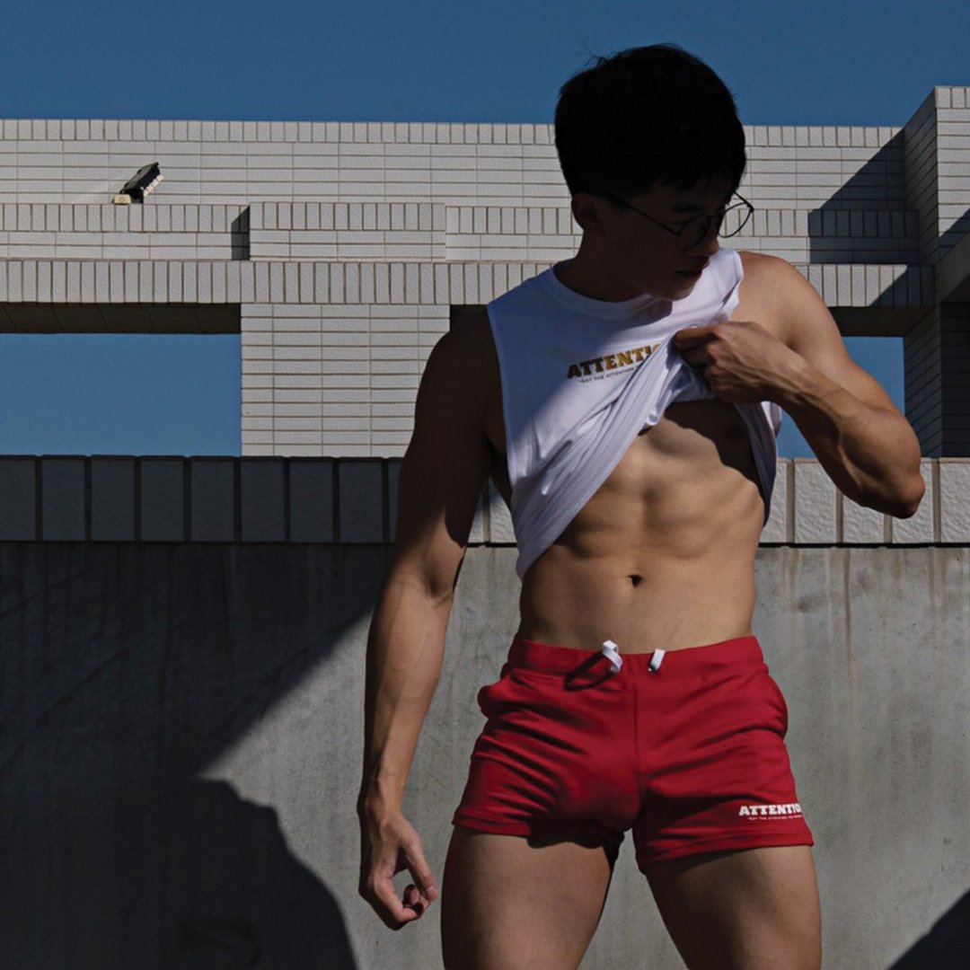 AttentionWear男友运动短裤【红色】│ATTENTION, 男内着 居家裤 - 中性裤装 - 聚酯纤维 红色
