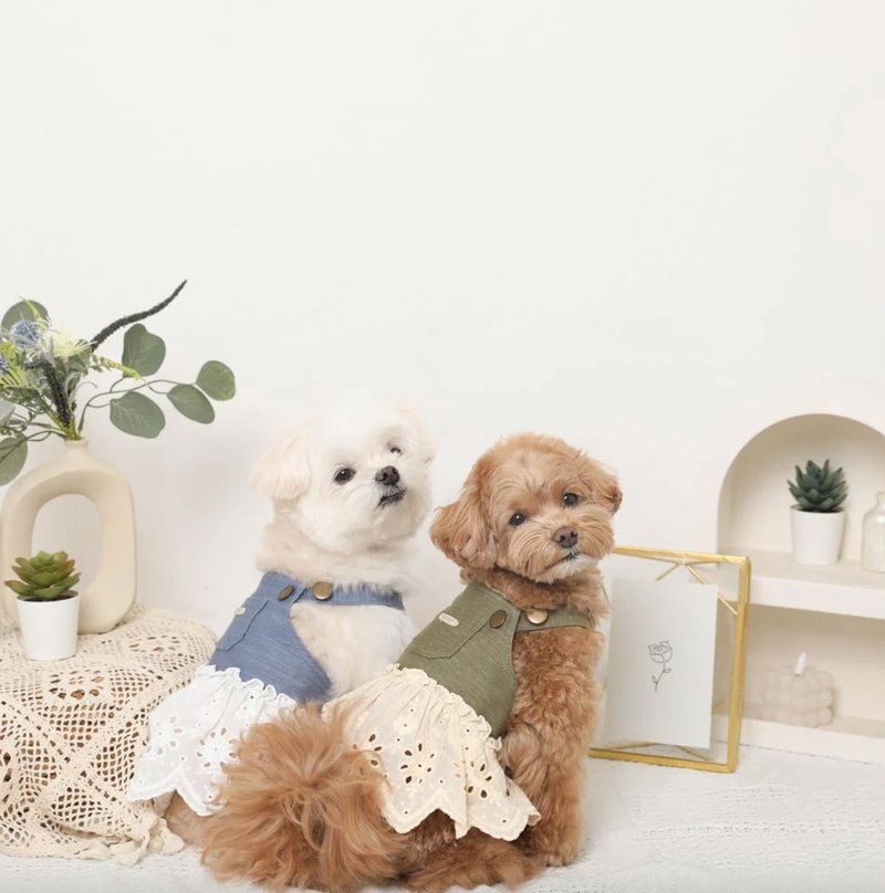 【MONCHERI】宠物服饰 | 牛仔蕾丝拼接洋装 - 衣/帽 - 棉．麻 蓝色