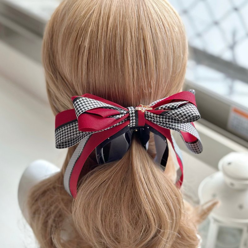 独家款千鸟纹立体蝴蝶结相交夹香蕉夹仙女夹发夹-暗红色 - 发饰 - 其他材质 红色