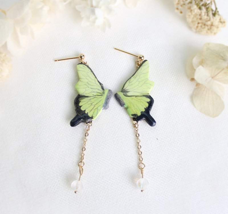 绿色 凤蝶 耳针 耳环 / 蝴蝶 / 耳夹  / 手绘 - 耳环/耳夹 - 粘土 绿色