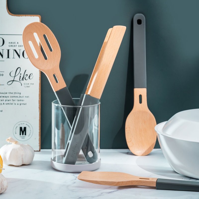 【Taste Plus】悦味创意 挂勾+磁吸式 浅汤杓/漏杓/煎铲/食物夹 - 汤勺/锅铲 - 木头 卡其色