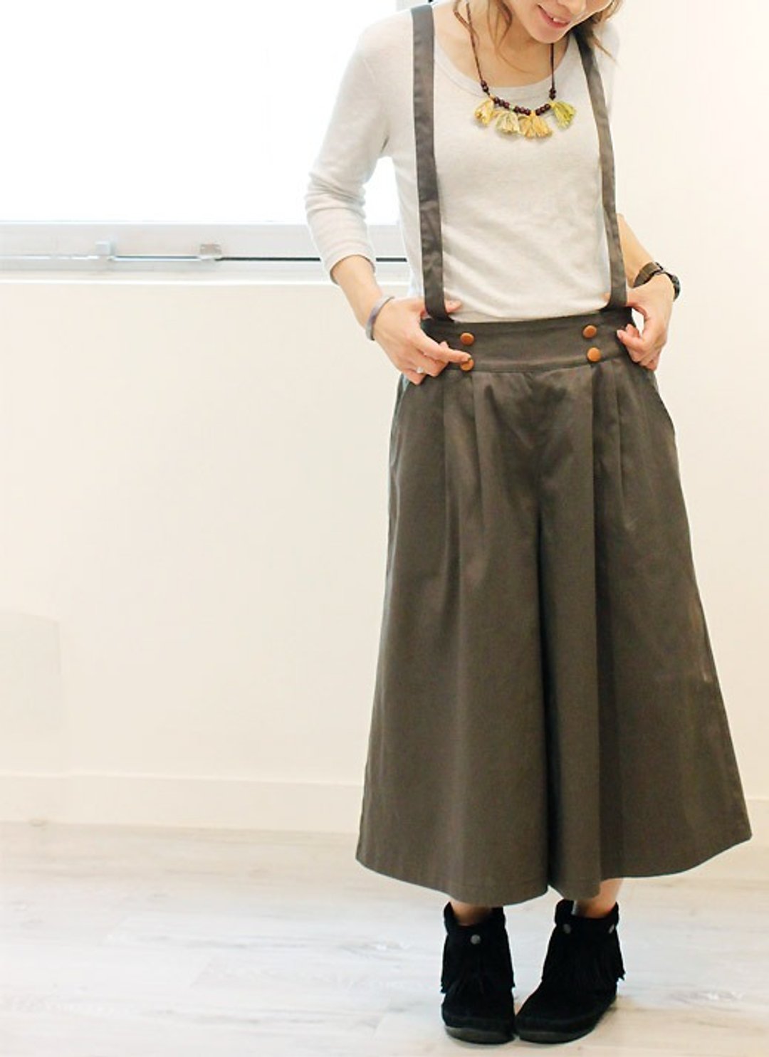 palette walnut button suspender gaucho - 女装长裤 - 聚酯纤维 咖啡色