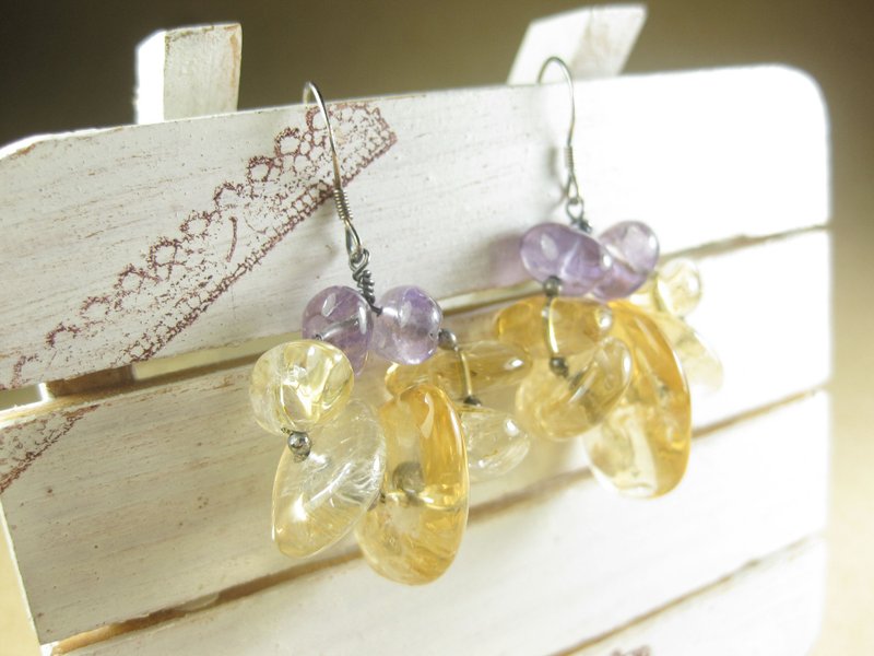 纯银设计耳环 黄水晶+紫水晶(耳勾) - 耳环/耳夹 - 水晶 黄色