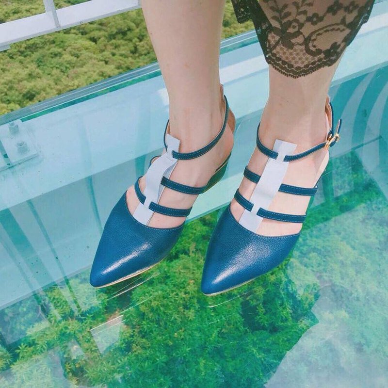 深海 - 鱼骨 - 立体造型设计凉鞋-白鼻心 - 女款休闲鞋 - 真皮 蓝色