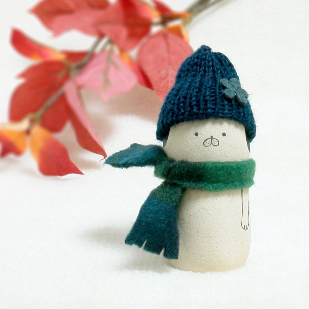 Handmade ceramic doll Doggy wearing a knit hat - 摆饰 - 陶 卡其色