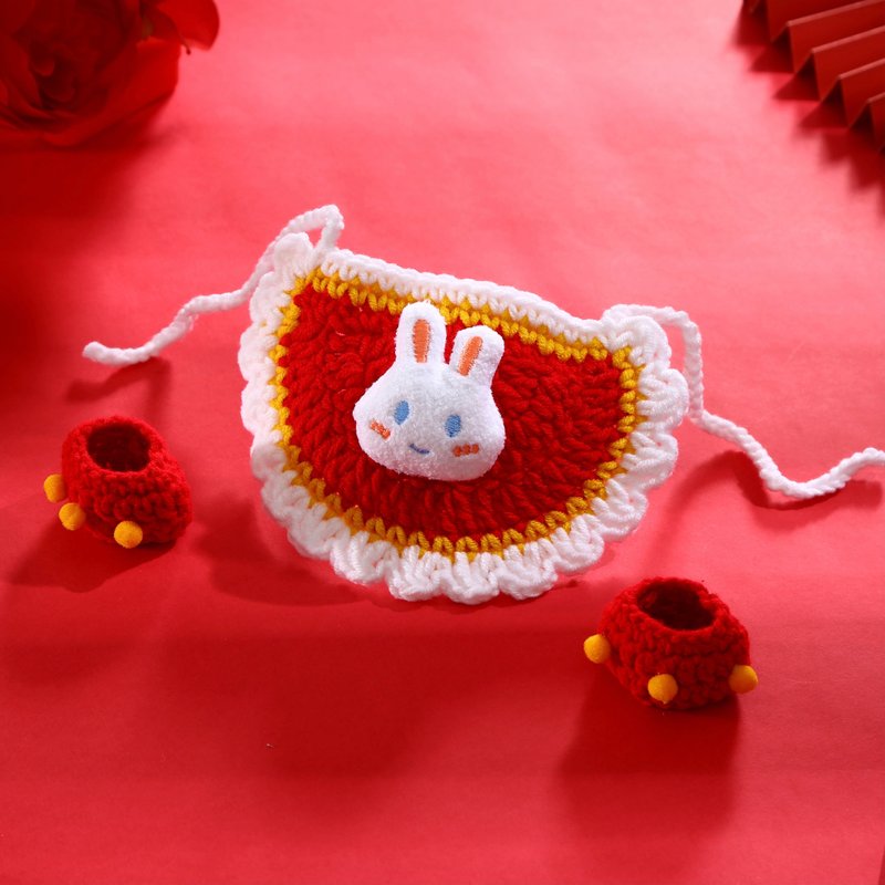 宠物新年围兜套装 - 项圈/牵绳 - 棉．麻 红色