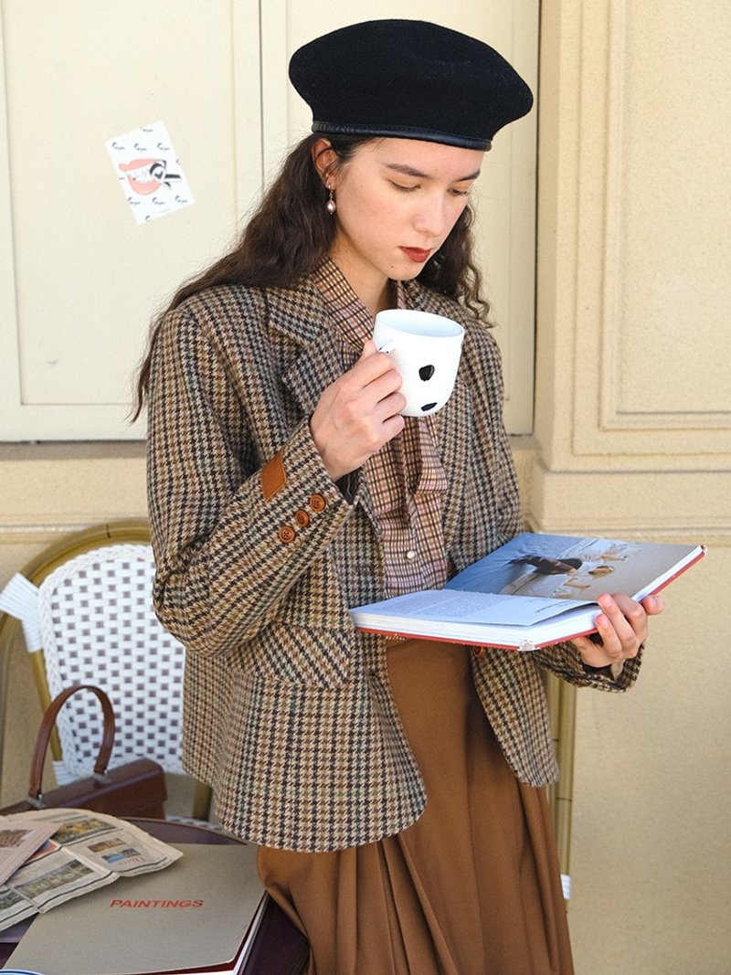 MintCheese 法式复古 棕色系千鸟格 皮标装饰羊毛呢西服短外套 - 女装西装外套/风衣 - 羊毛 咖啡色