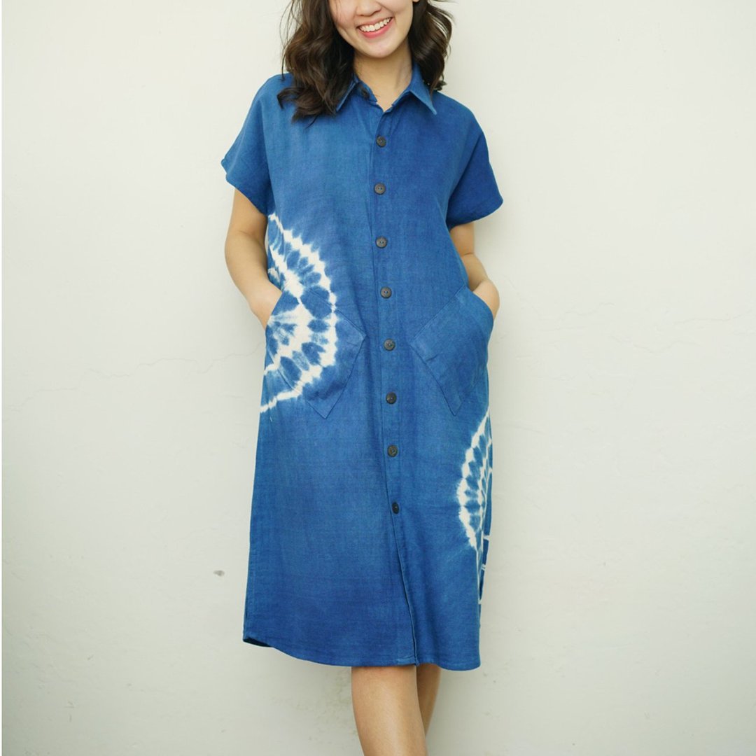 Shirt Collar Dress -  靛蓝色扎染衬衫领棉质连身裙 - 洋装/连衣裙 - 棉 蓝色