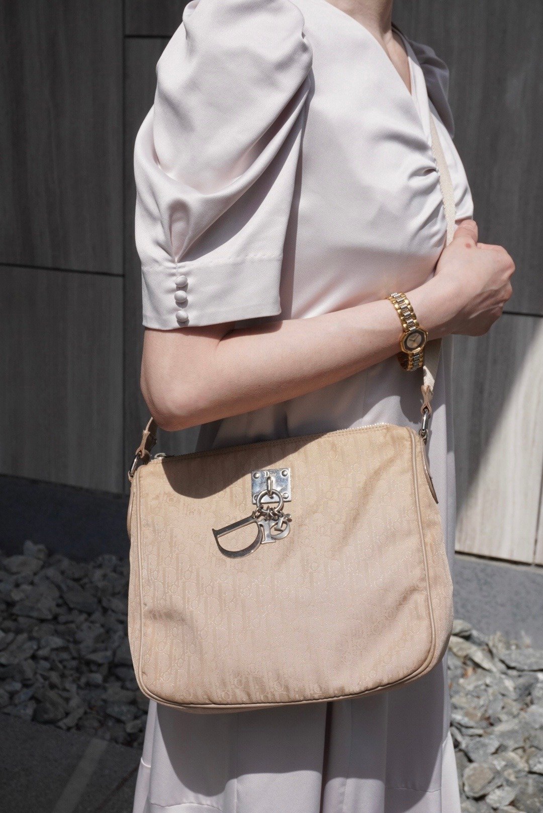 【日本直送 中古名牌包】Christian Dior Trotter 缇花斜背包 米白 品牌 Logo 饰牌 尼龙 vintage dfvwk8 - 侧背包/斜挎包 - 尼龙 咖啡色
