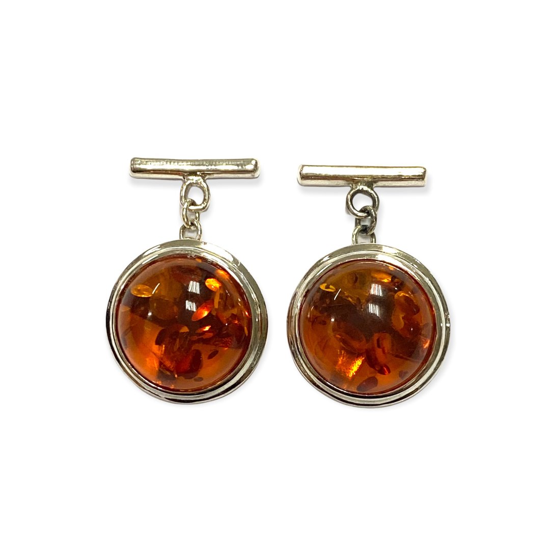 Round Amber Stone Wedding Cufflinks For Groom 925 Sterling Silver - 袖扣 - 纯银 咖啡色