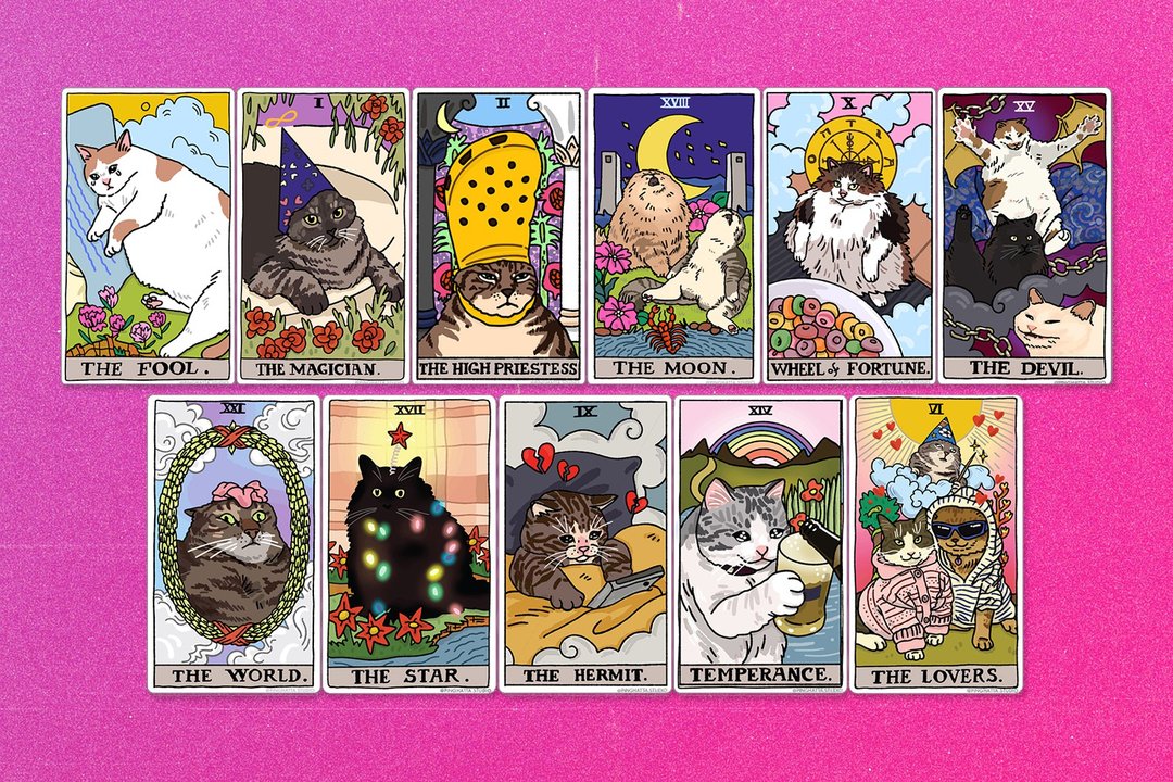 LIMITED TIME - 11 Tarot Cat Meme Die Cut Sticker Set - 贴纸 - 塑料 