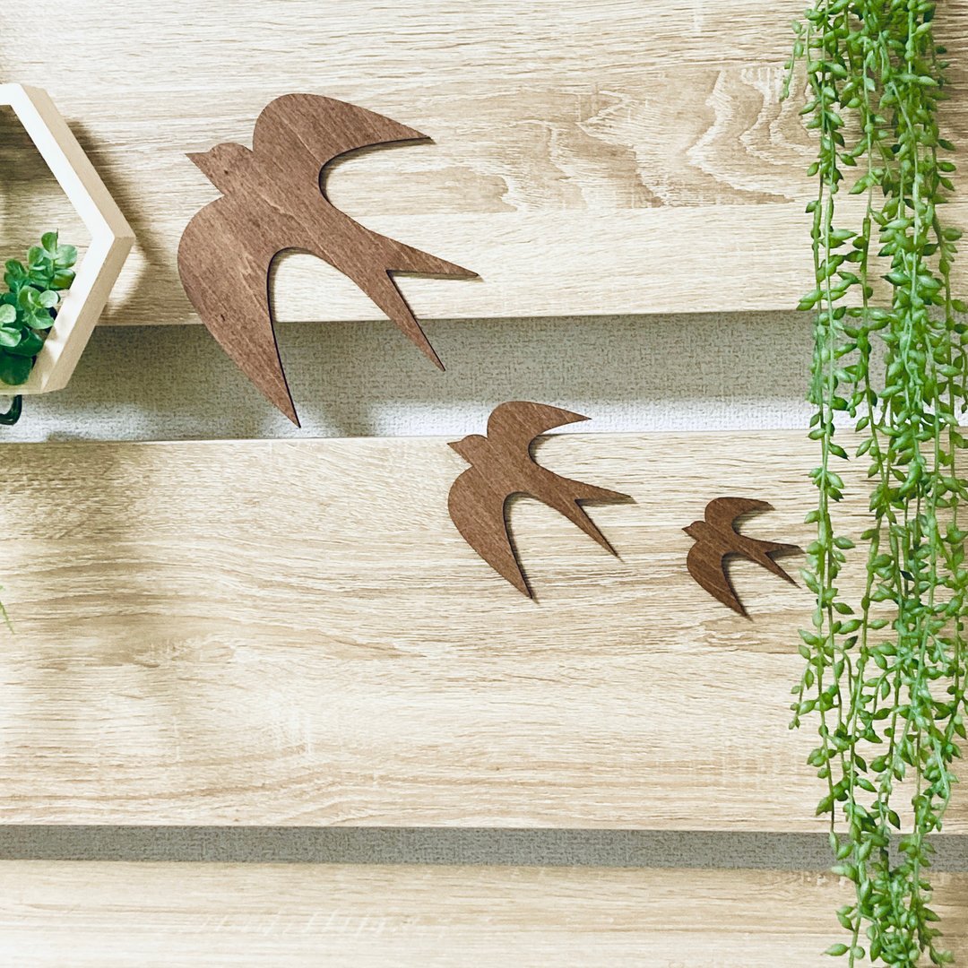 Bird wall decoration set of 3 large, medium and small - 墙贴/壁贴 - 木头 咖啡色