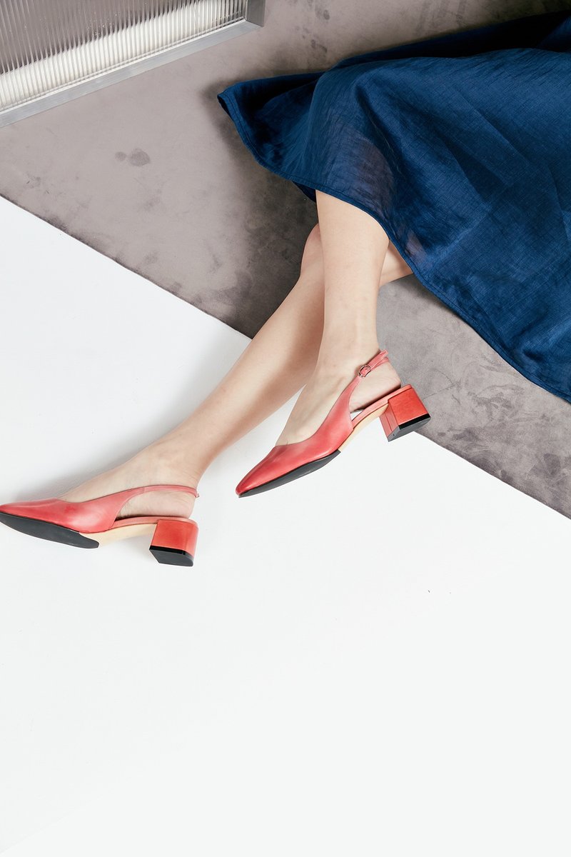 HTHREE 4.6方头后踝带跟鞋/玫瑰红 /Square Toe Back Strap Heels - 女款牛津鞋/乐福鞋 - 真皮 红色