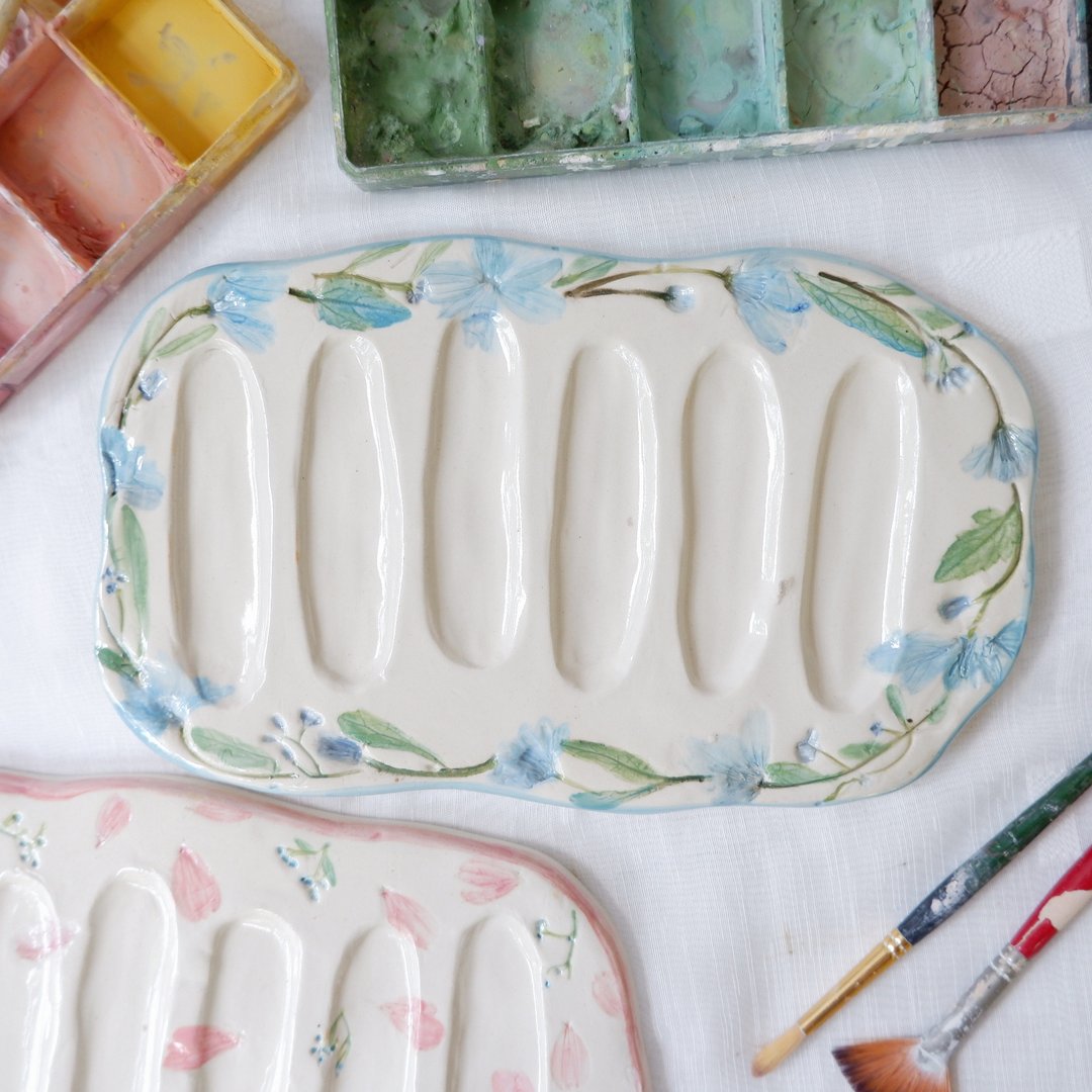 Blue flower imprinted ceramic color palette |pressed flower   | Handmade ceramic - 其他 - 陶 蓝色