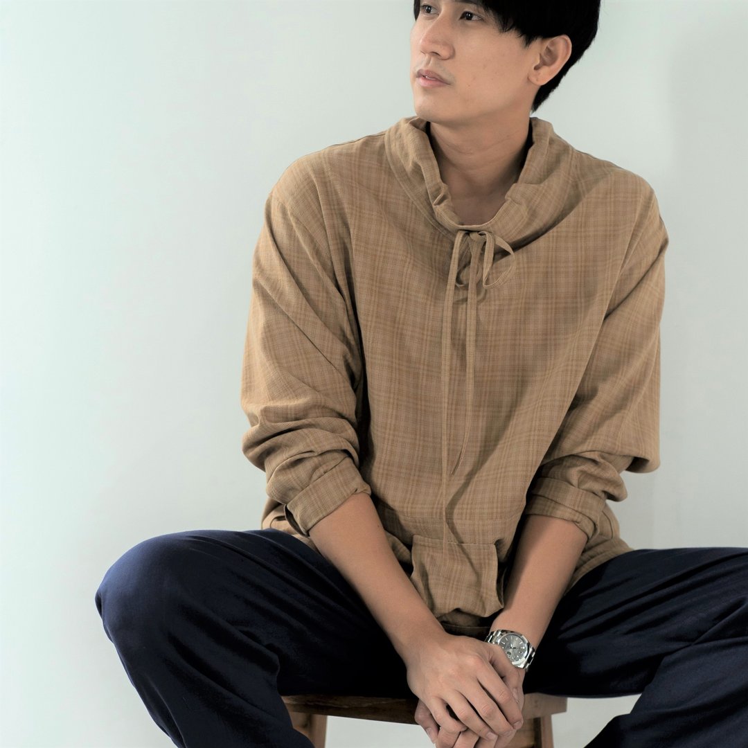 Blue & J Natural Linen/Cotton with Adjustable Collar - Dark Beige - 男装衬衫 - 棉 咖啡色