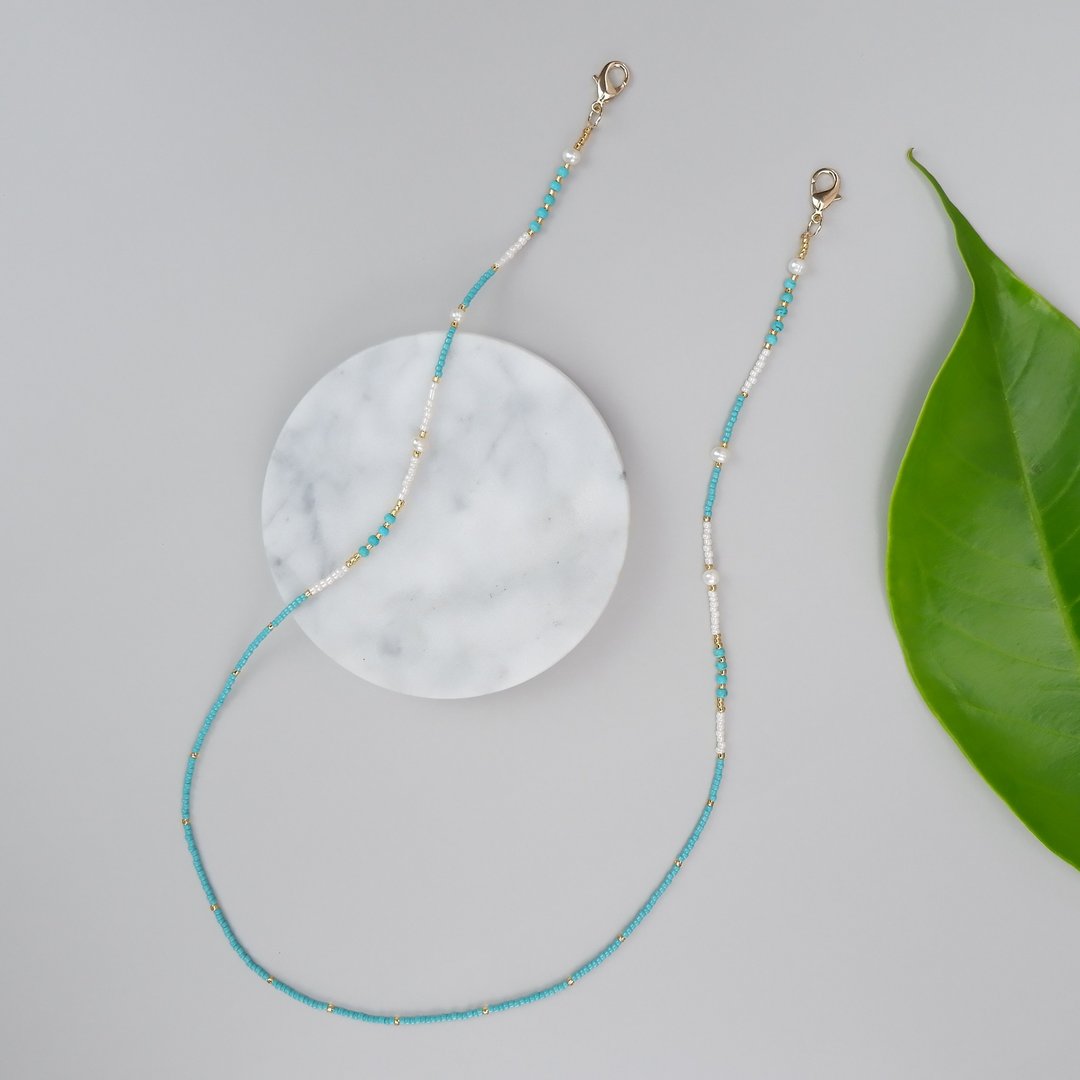 Freshwater Pearl with Japanese bead in white and blue color Mask Lanyard - 项链 - 珍珠 多色