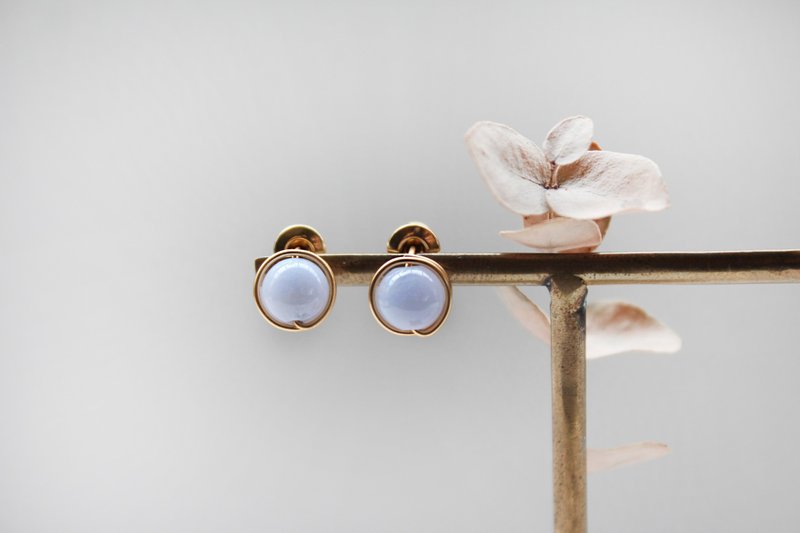Blue Lace Agate 耳夹/耳针 | 经典蓝纹玉髓耳环 - 耳环/耳夹 - 宝石 蓝色