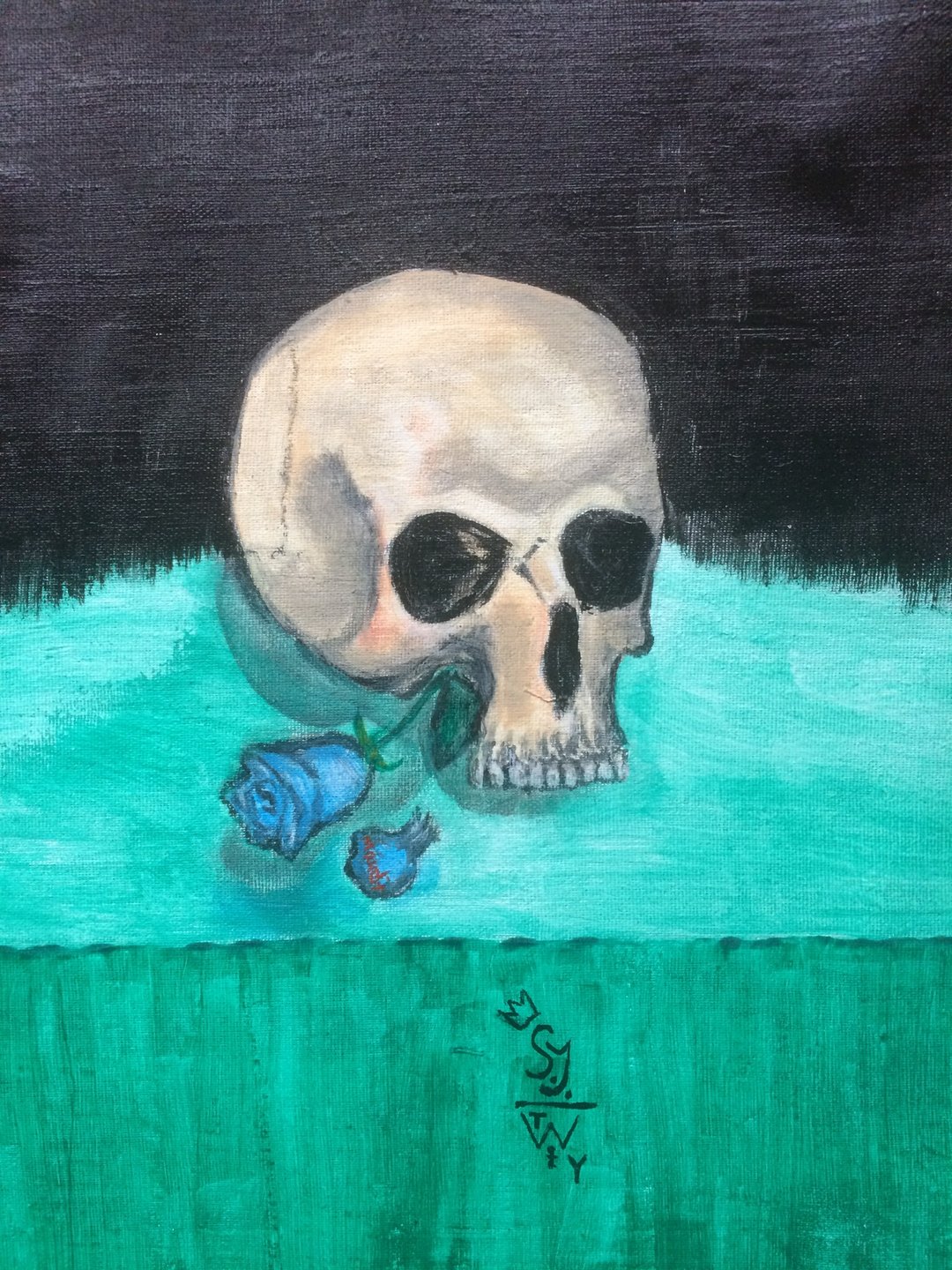 哥德式家居装饰 Vanitas。静物与头骨与蓝玫瑰艺术静物原画 - 墙贴/壁贴 - 压克力 多色