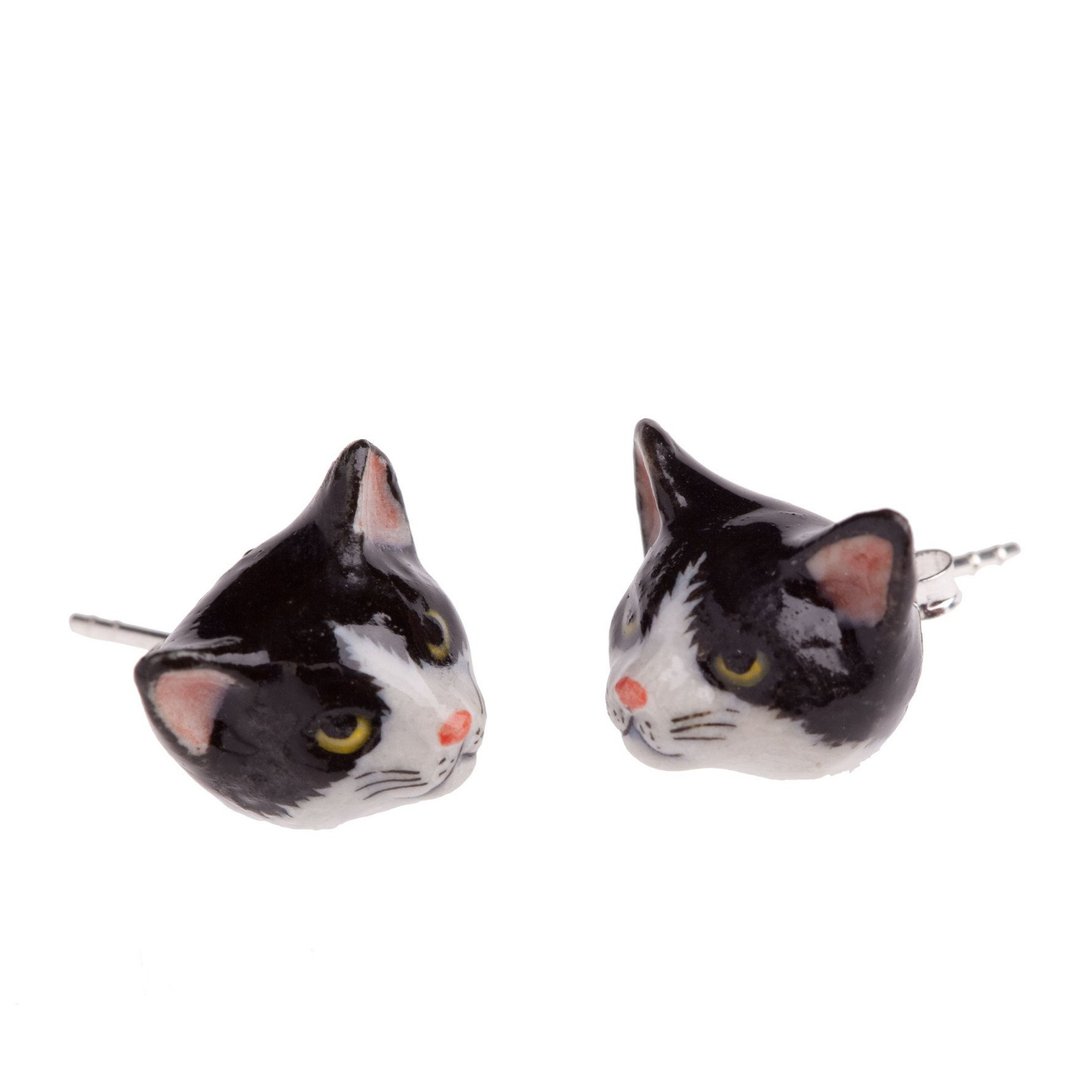 AndMary 手绘瓷耳环-黑白猫 礼盒装 Black & White Cat Earrings - 耳环/耳夹 - 瓷 黑色
