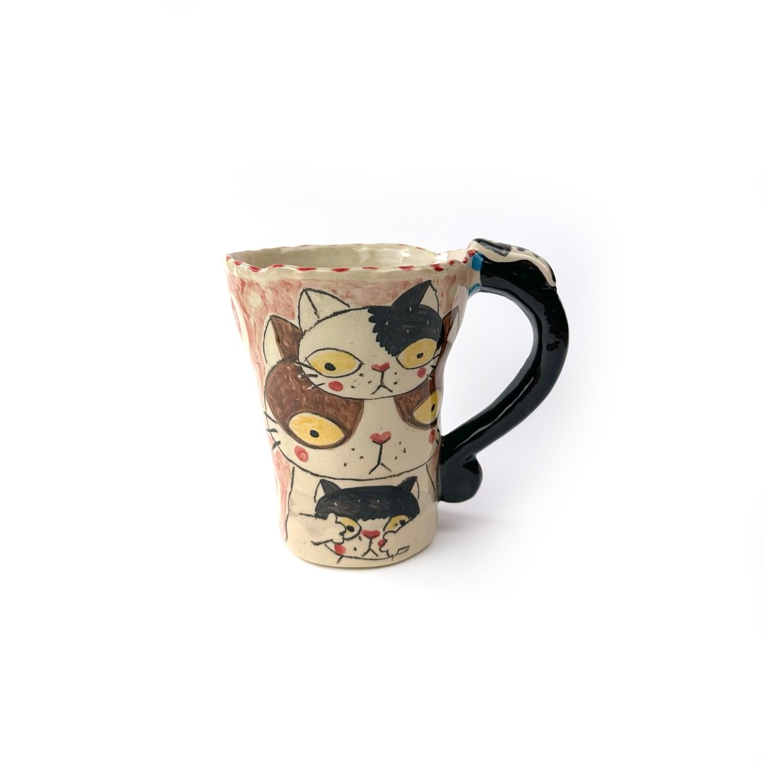 Nice Little Clay 手工铃铛杯 可爱猫 0101-166 - 咖啡杯/马克杯 - 陶 白色