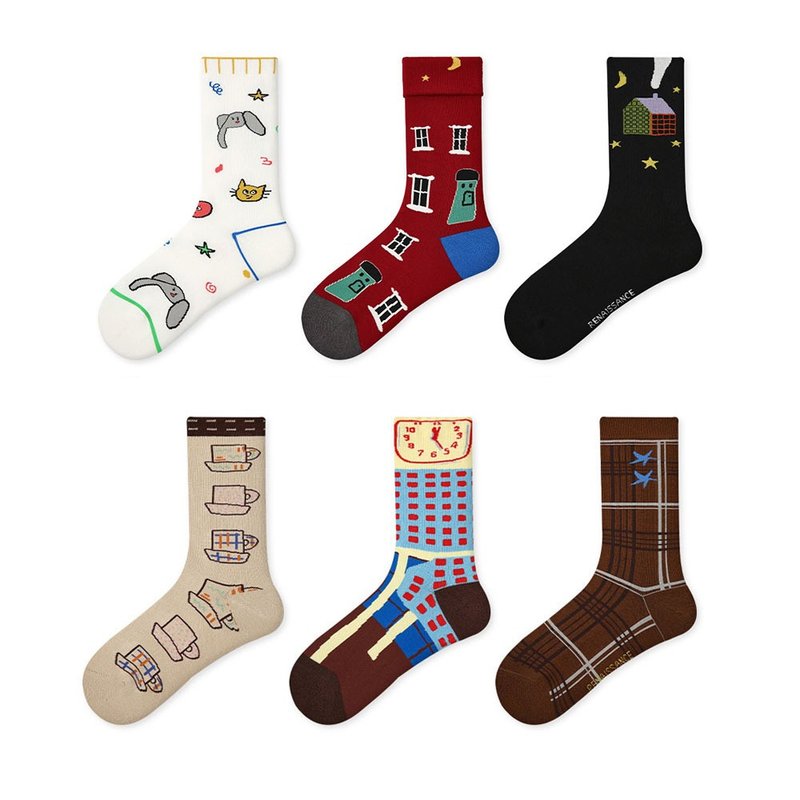 插画风卡通动漫中筒袜  3双组合女袜 - 袜子 - 棉．麻 咖啡色