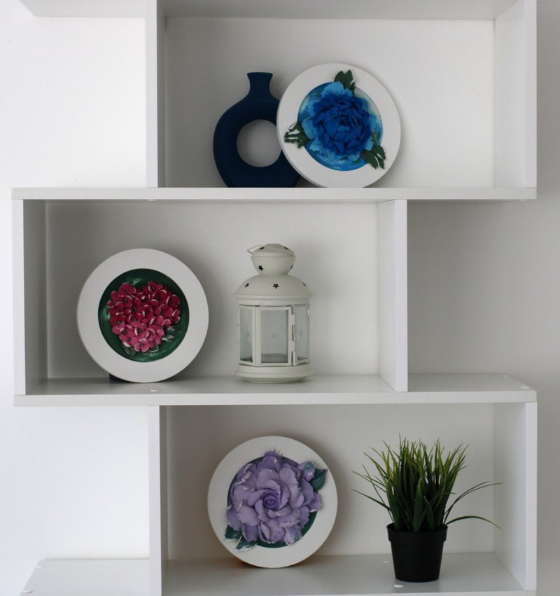 Set of 3 decorative wall panels - rose, peony, hydrangea, sculptural painting - 墙贴/壁贴 - 其他材质 