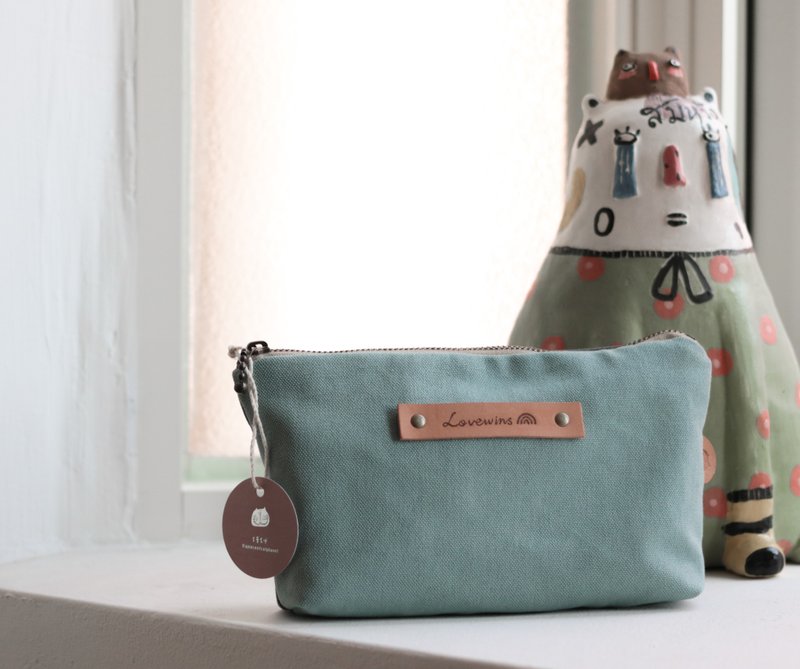 【吉普猫 帆布拼色 旅行小包/化妆包/笔袋】 可订制颜色与刻字 - 零钱包 - 真皮 卡其色