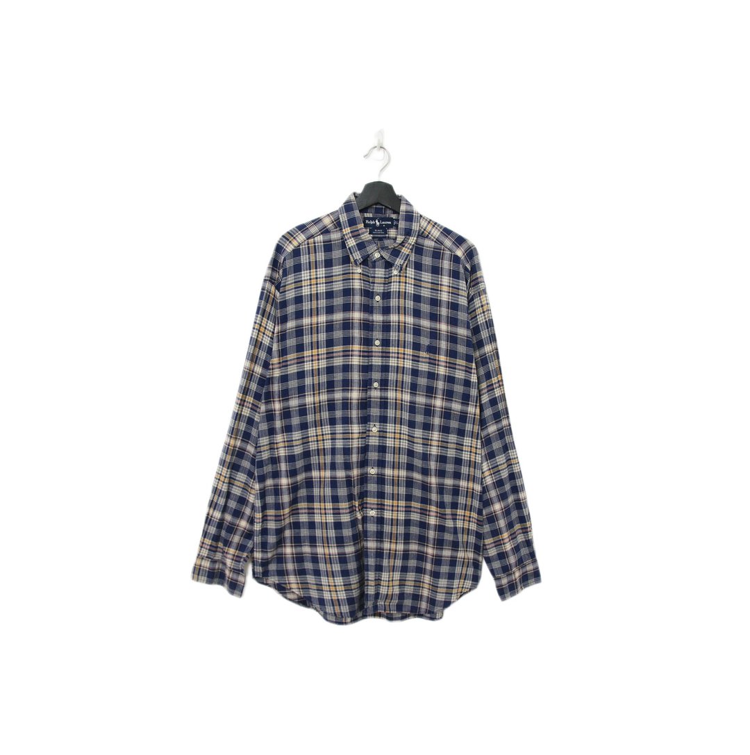 Back to Green-品牌衬衫 polo 蓝黄格纹 sh-24//vintage shirt - 男装衬衫 - 棉 